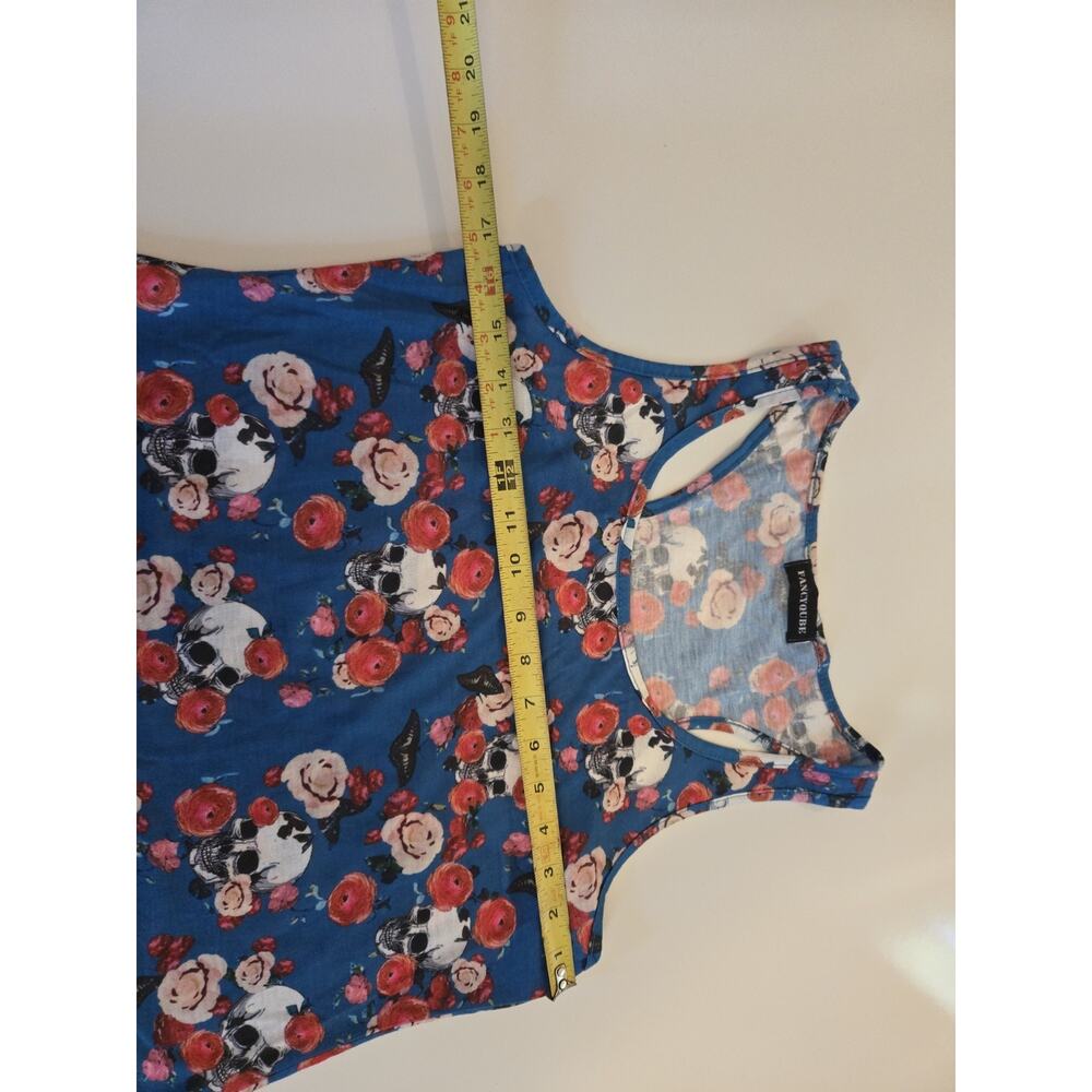 FANCYQUBE Women’s M/L Blue Floral Skull Racerback Tank Top Lace Hem - Picture 7 of 9